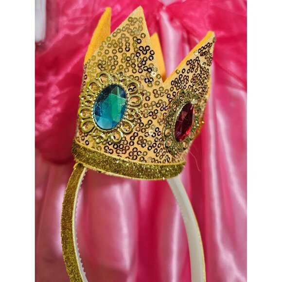 Princess Peach Costume Super Mario Dress Tiara Wand Gloves Earrings Girls 7-8 - Picture 2 of 8